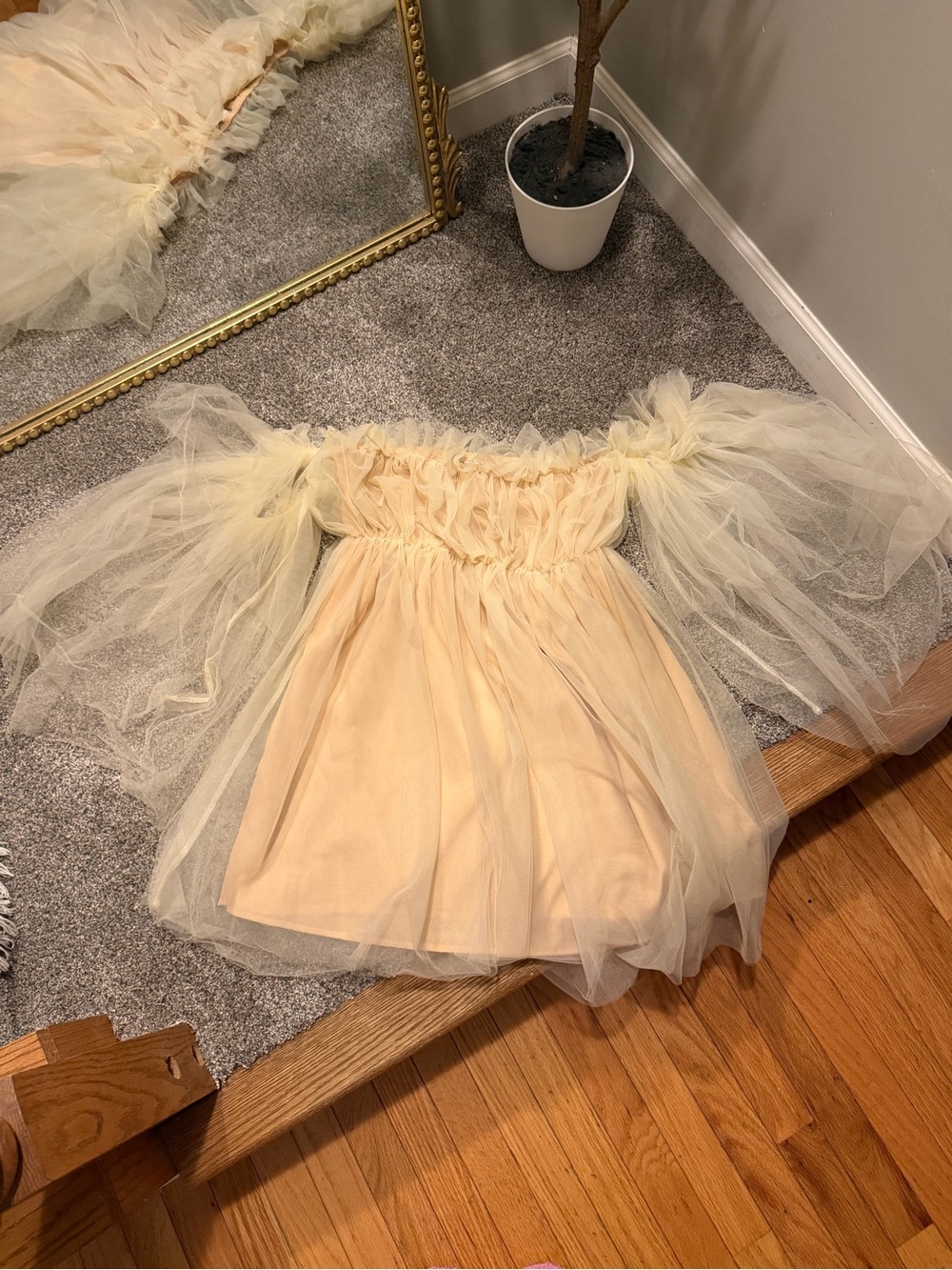 Off-Shoulder Tulle Midi Dress in Pale Cream